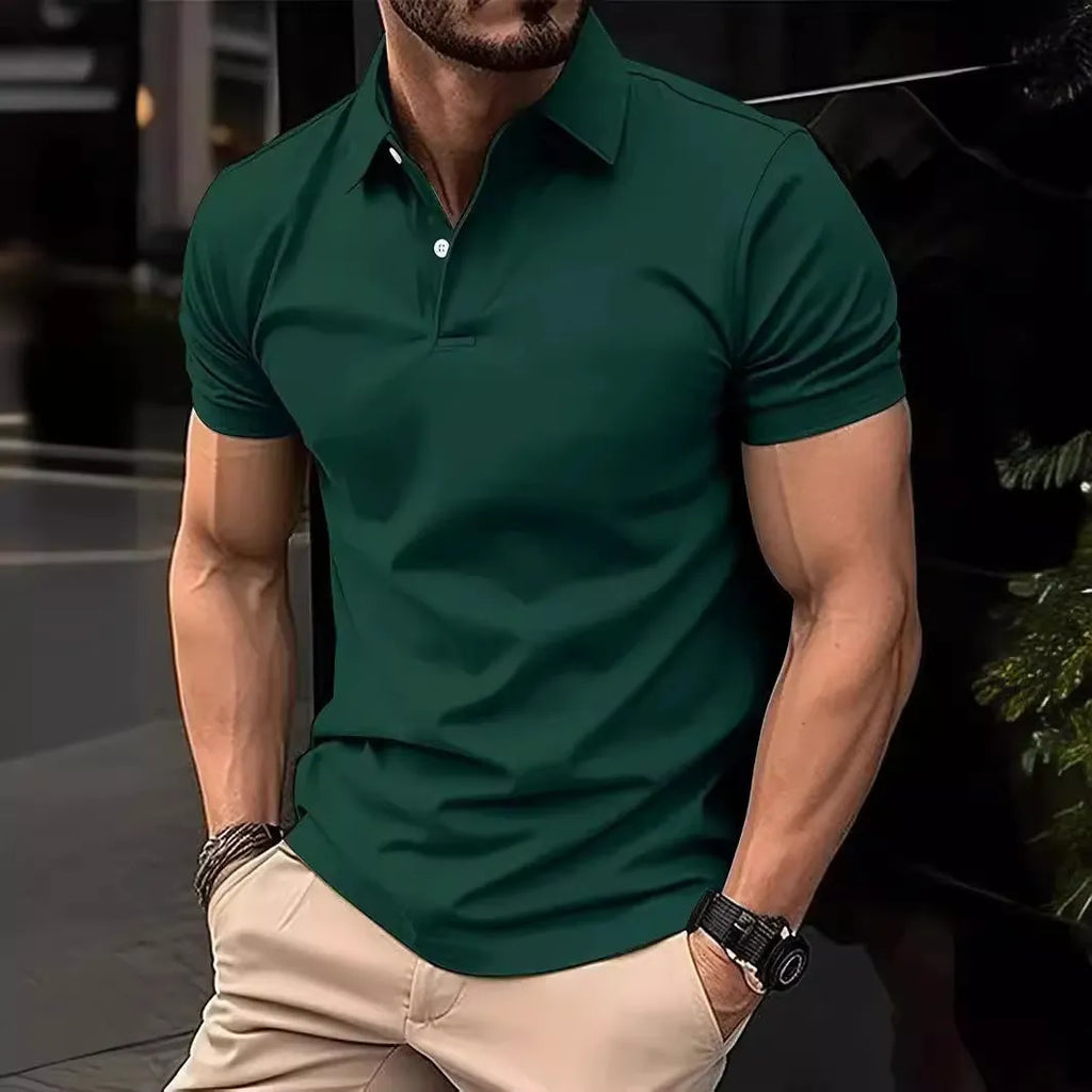 Men's slim fit short sleeve casual shirt in a solid colour on a hanger