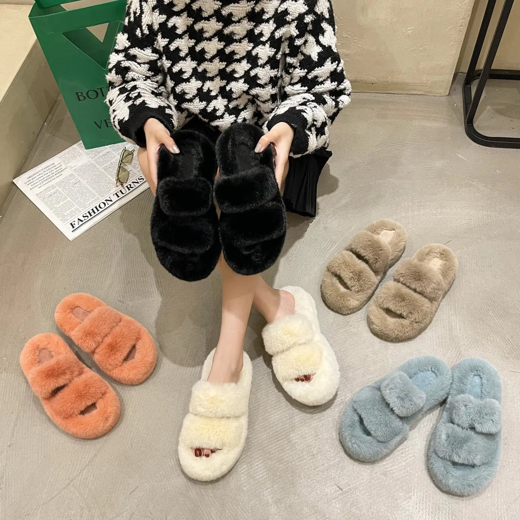 Fuzzy women's house slippers with faux fur upper and rubber sole, 3.5cm thick, in black beige khaki light blue or orange.