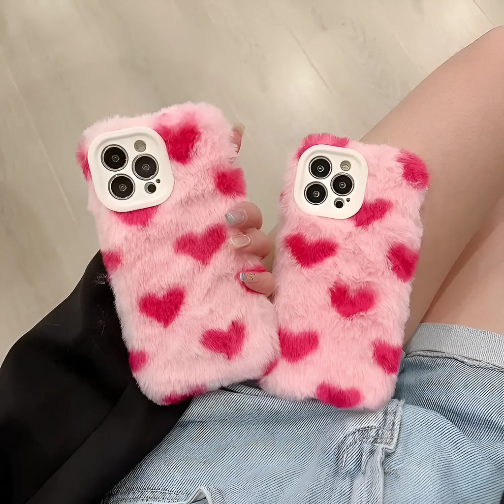 Pink cartoon-style plush silicone back cover case for Apple iPhone 11, 12, 13, 14 and 15 models.