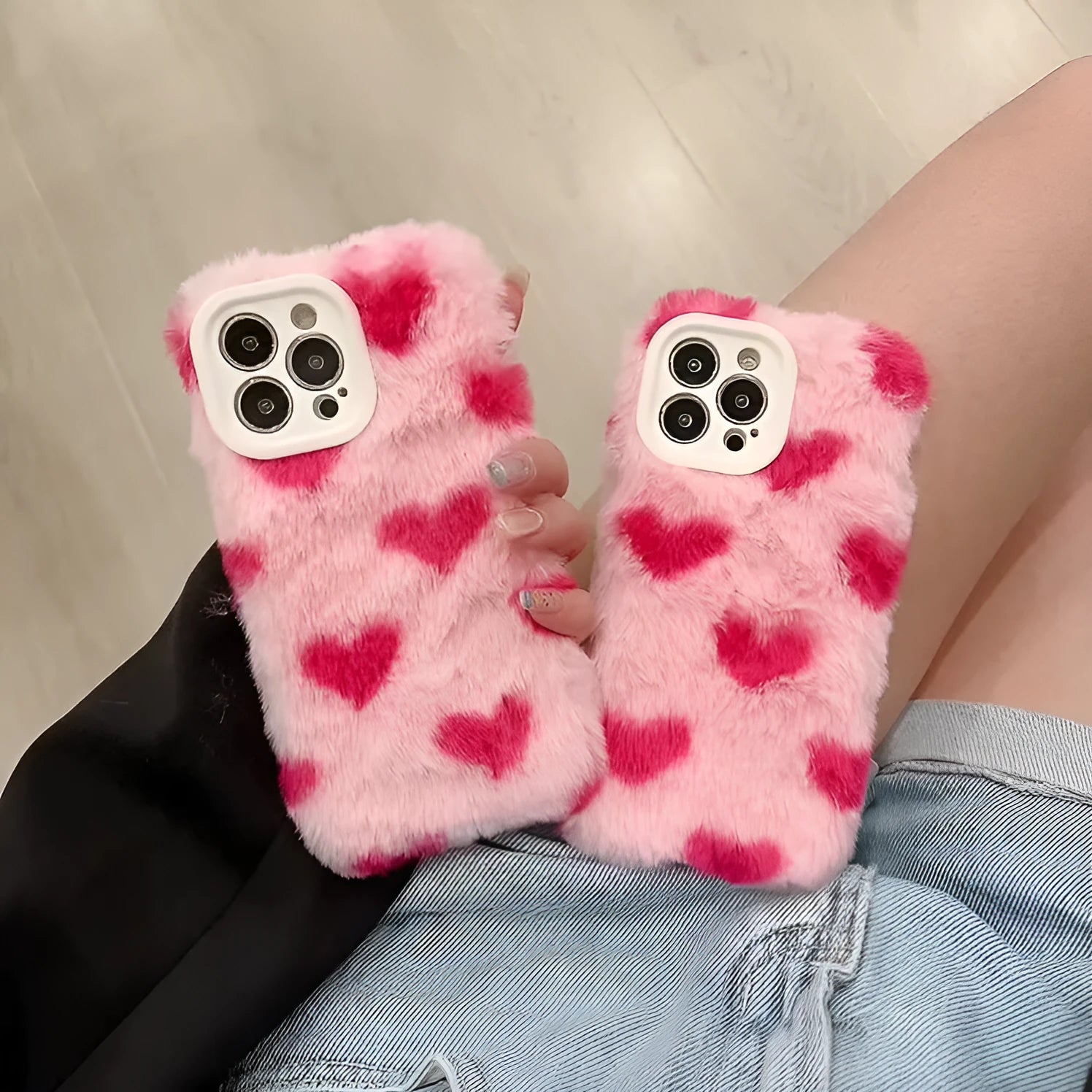 Pink cartoon-style plush silicone back cover case for Apple iPhone 11, 12, 13, 14 and 15 models.