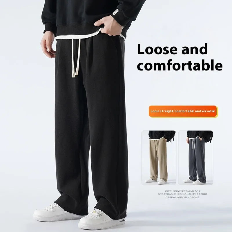 Men's apricot coloured double-sided polar fleece casual trousers with a loose fit and drawstring waist.