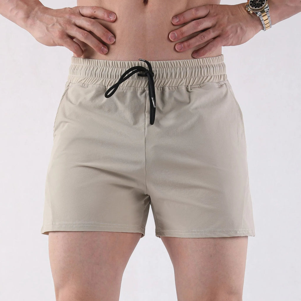 Men's thin polyester basketball shorts in grey, black, apricot, or green with elastic waistband