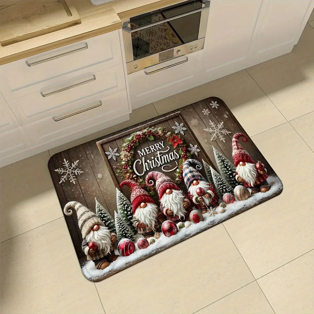 Two-piece Christmas cartoon kitchen mat set with anti-slip polyester suede surface