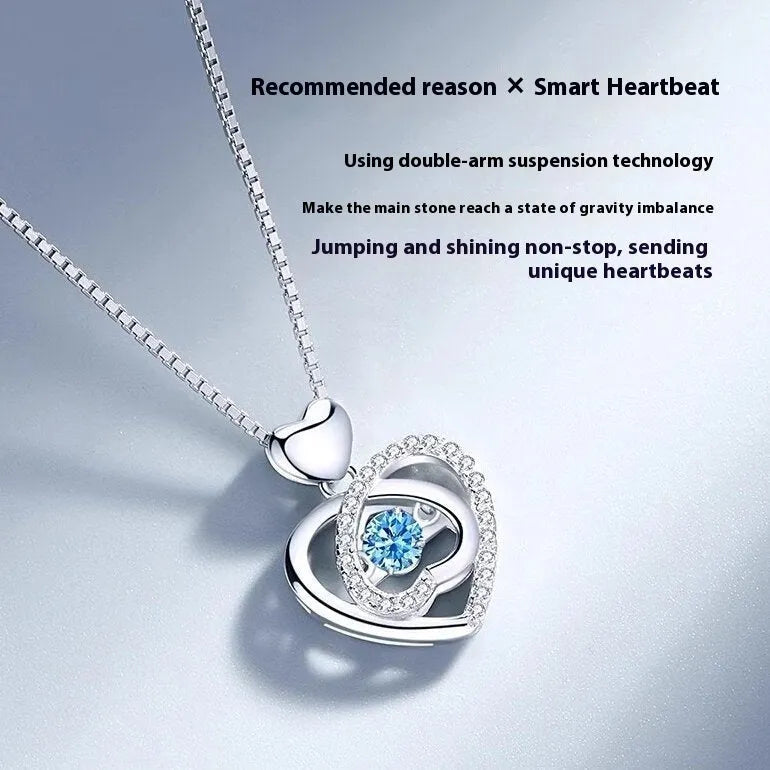 Blue diamond heart pendant necklace and matching bracelet jewellery set with gem inlay on electroplated copper