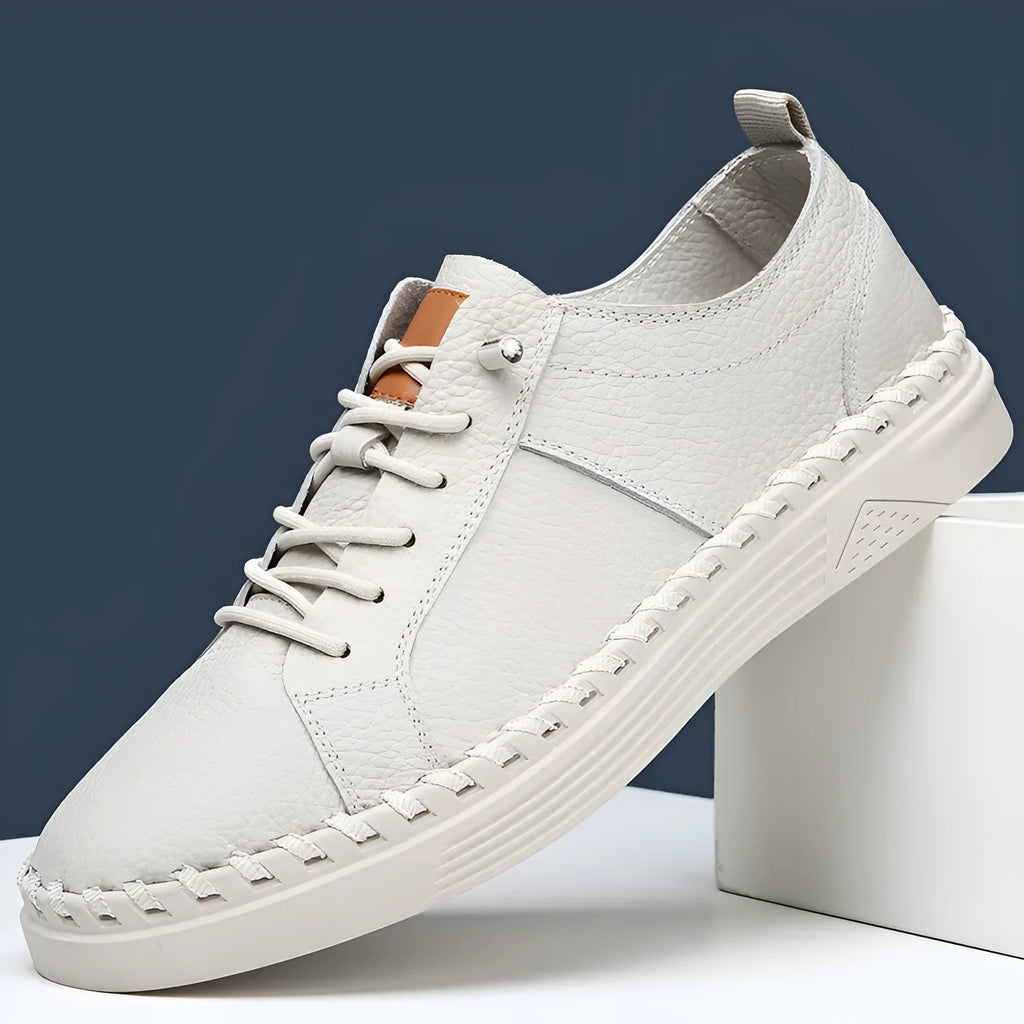 Men's beige cowhide sneakers with mesh lining and stitching details