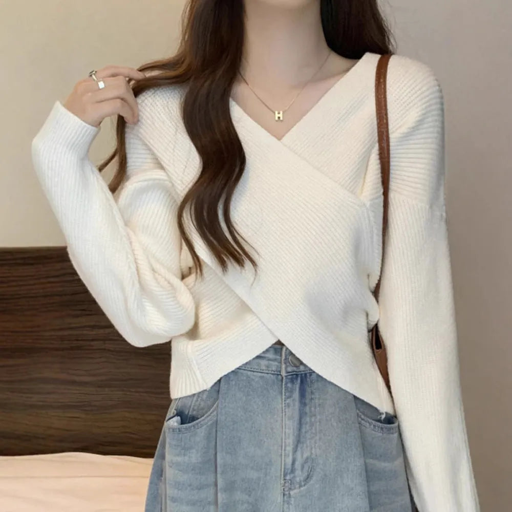 Loose long-sleeve sweater design blouse in white, red, pink, black, or grey, sizes S to L
