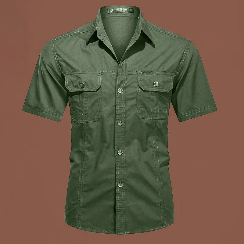 Men's short sleeve cotton work shirt in army green, showing loose fit and cardigan-style design.