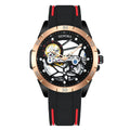 Men's skeleton automatic watch with rose gold finish showing mechanical movement through open dial