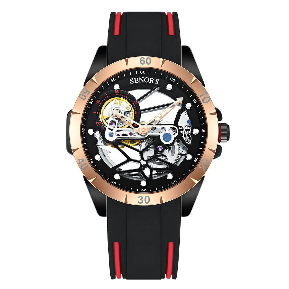 Men's skeleton automatic watch with rose gold finish showing mechanical movement through open dial