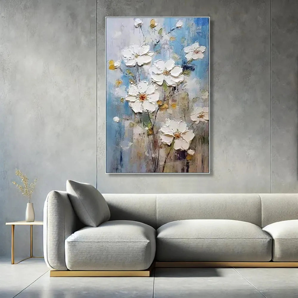 Handmade oil painting canvas wall art with thick 3D texture white modern abstract flowers