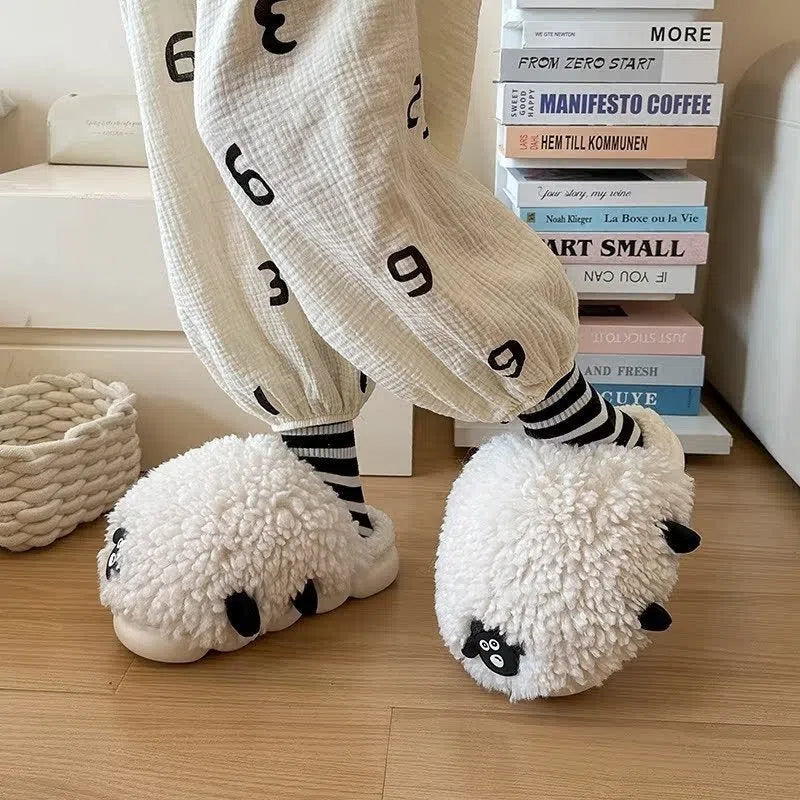 Women's winter cartoon sheepskin cotton slippers with wool lining and PVC non-slip outsole, black and white sheep design