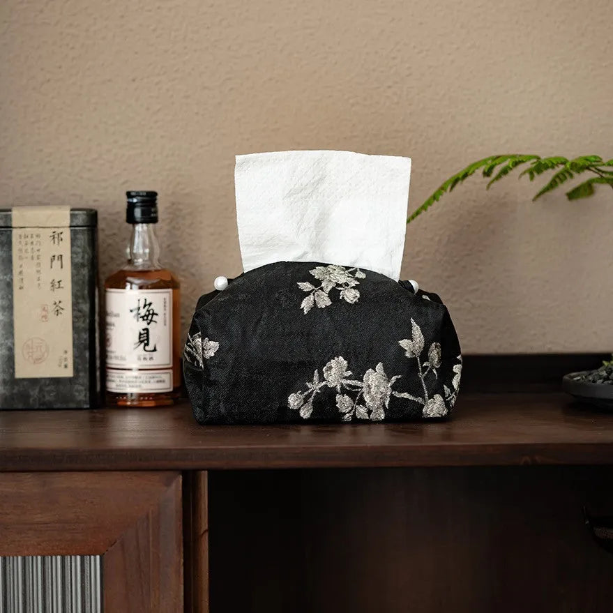 New Chinese style white brocade tissue box with embroidered plum blossoms, shown with and without a pearl buckle.