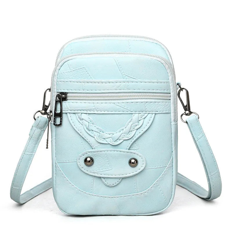 Soft PU leather retro mobile phone bag in square vertical design with woven accents and rivets