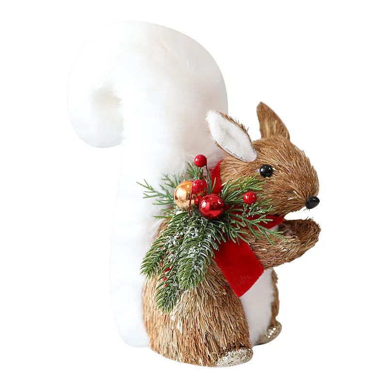 Straw Christmas ornament in deer design with natural straw texture and foam core for rustic holiday tabletop display