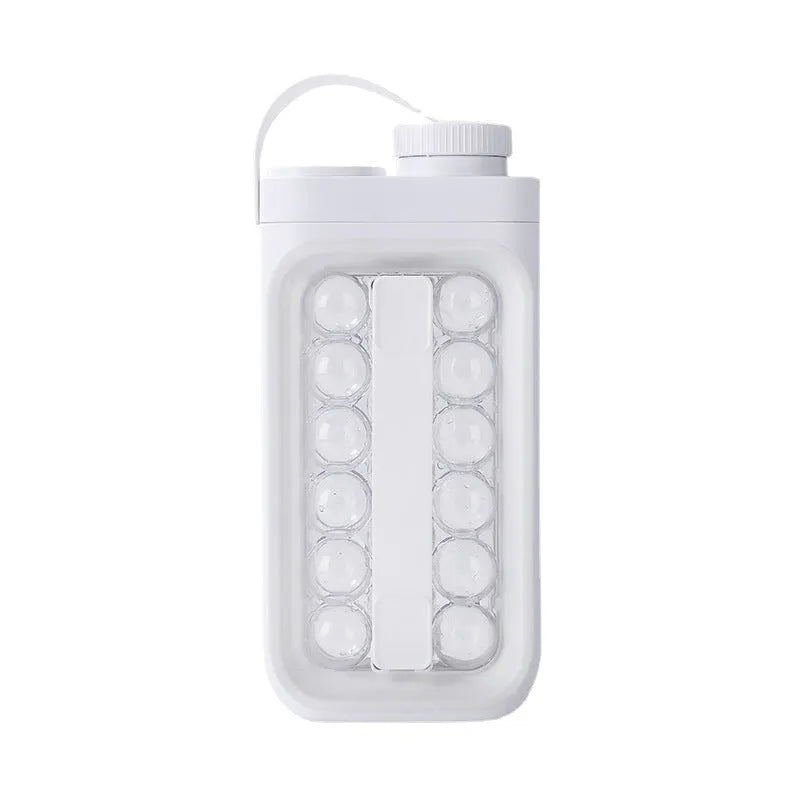 Light blue and white portable ice ball kettle with quick release mould, shown making 17 ice balls.