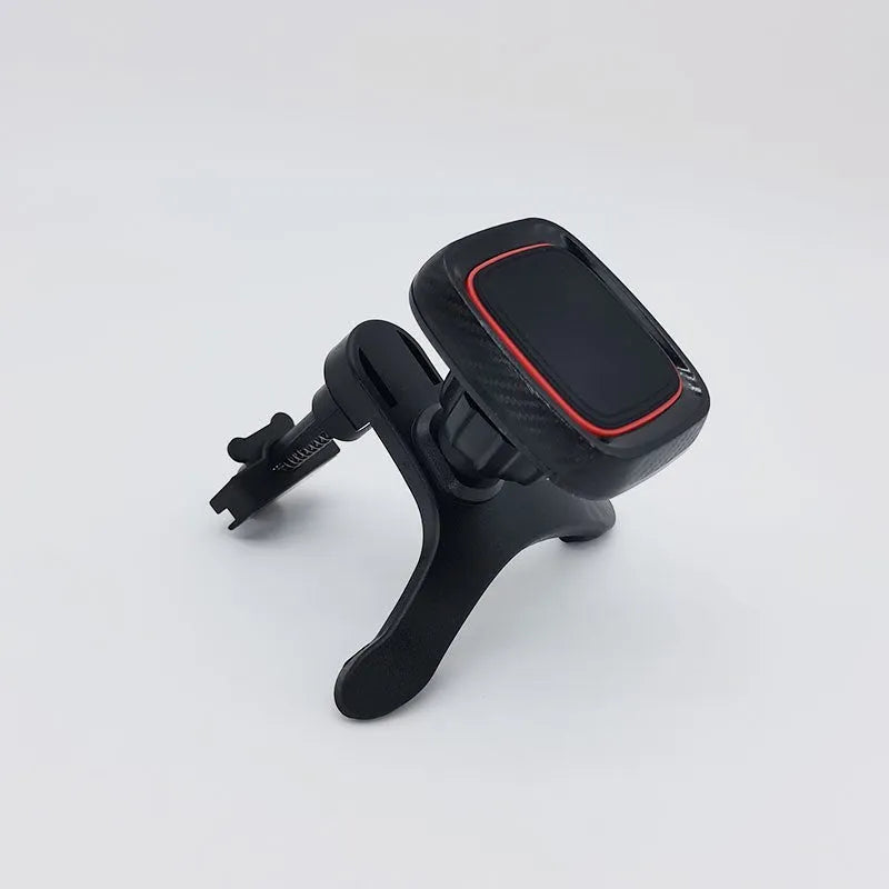 Black universal car phone holder mounted on vehicle air vent with adjustable clamp and 360-degree rotation mechanism
