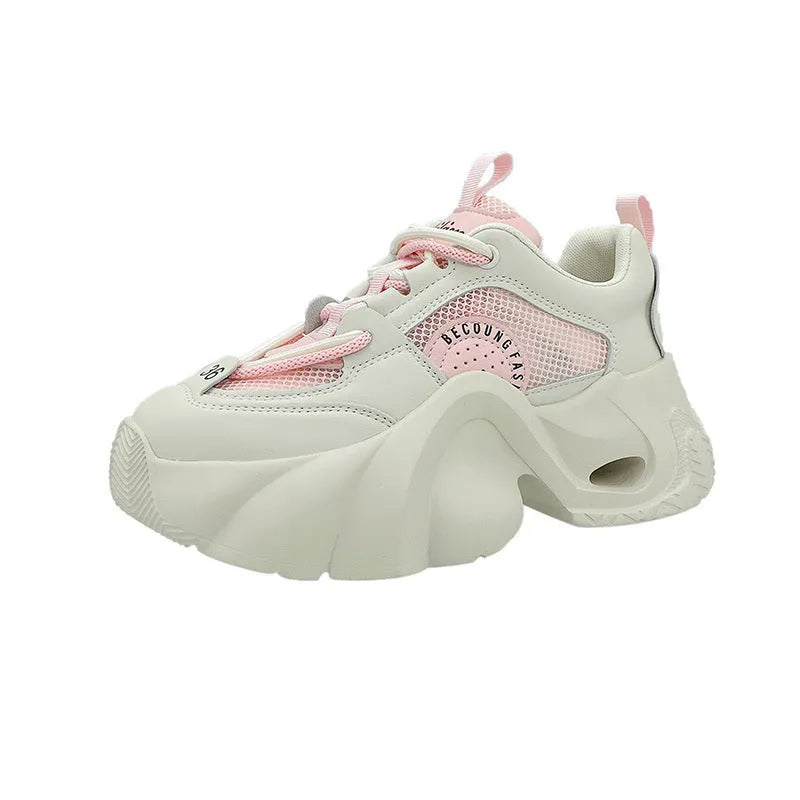 Women's beige thick-soled sneakers with cross shoulder straps on a synthetic PU upper
