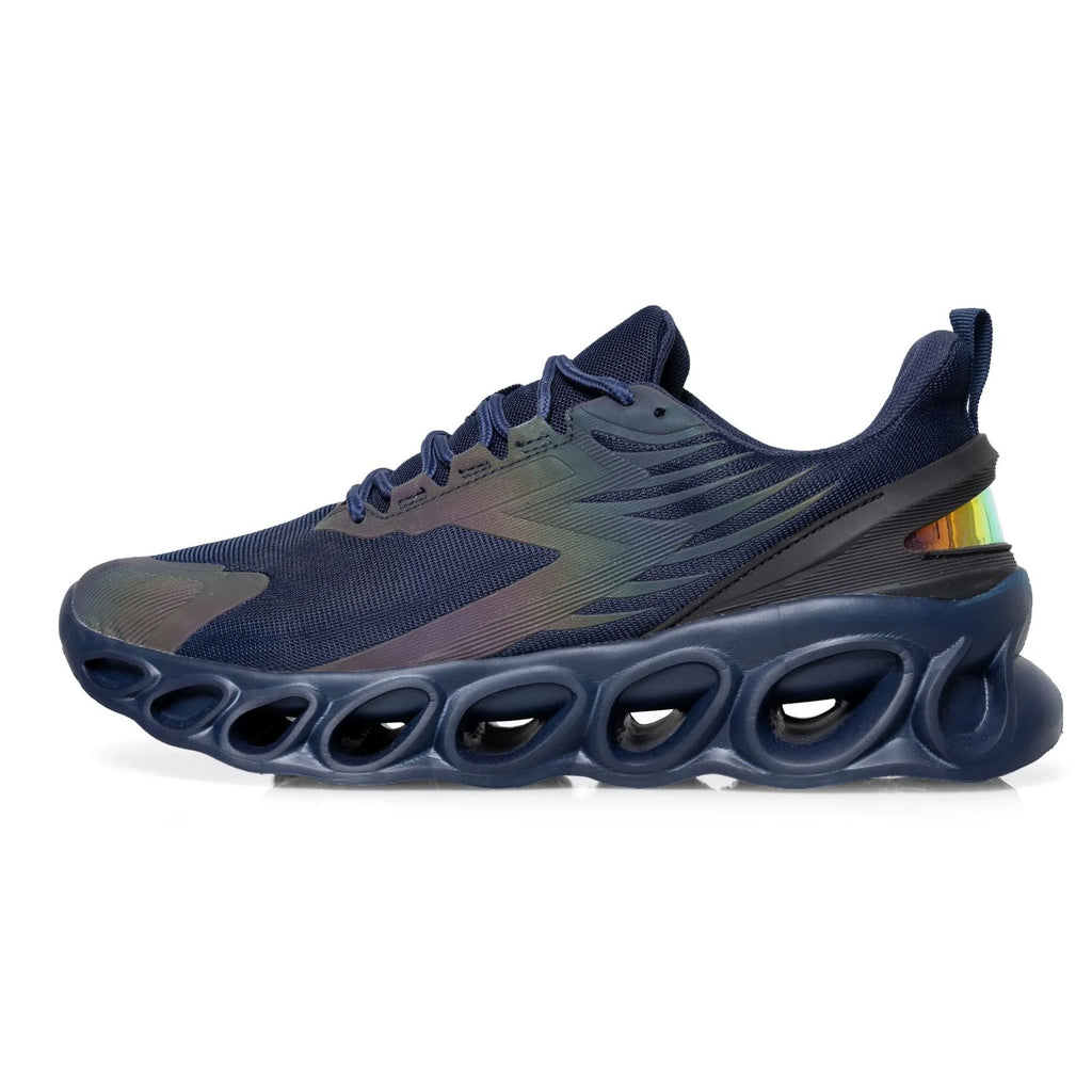 Men's casual sports shoes with mesh upper, round toe, lace-up design in black, white, and dark blue colours