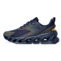 Men's casual sports shoes with mesh upper, round toe, lace-up design in black, white, and dark blue colours