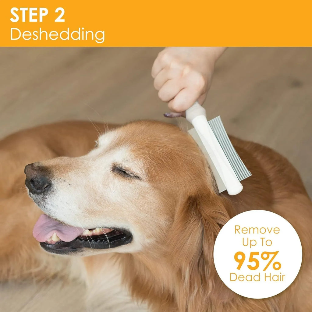 White double-sided dog and cat grooming brush with a curved comb and deshedding bristles on an ergonomic handle.