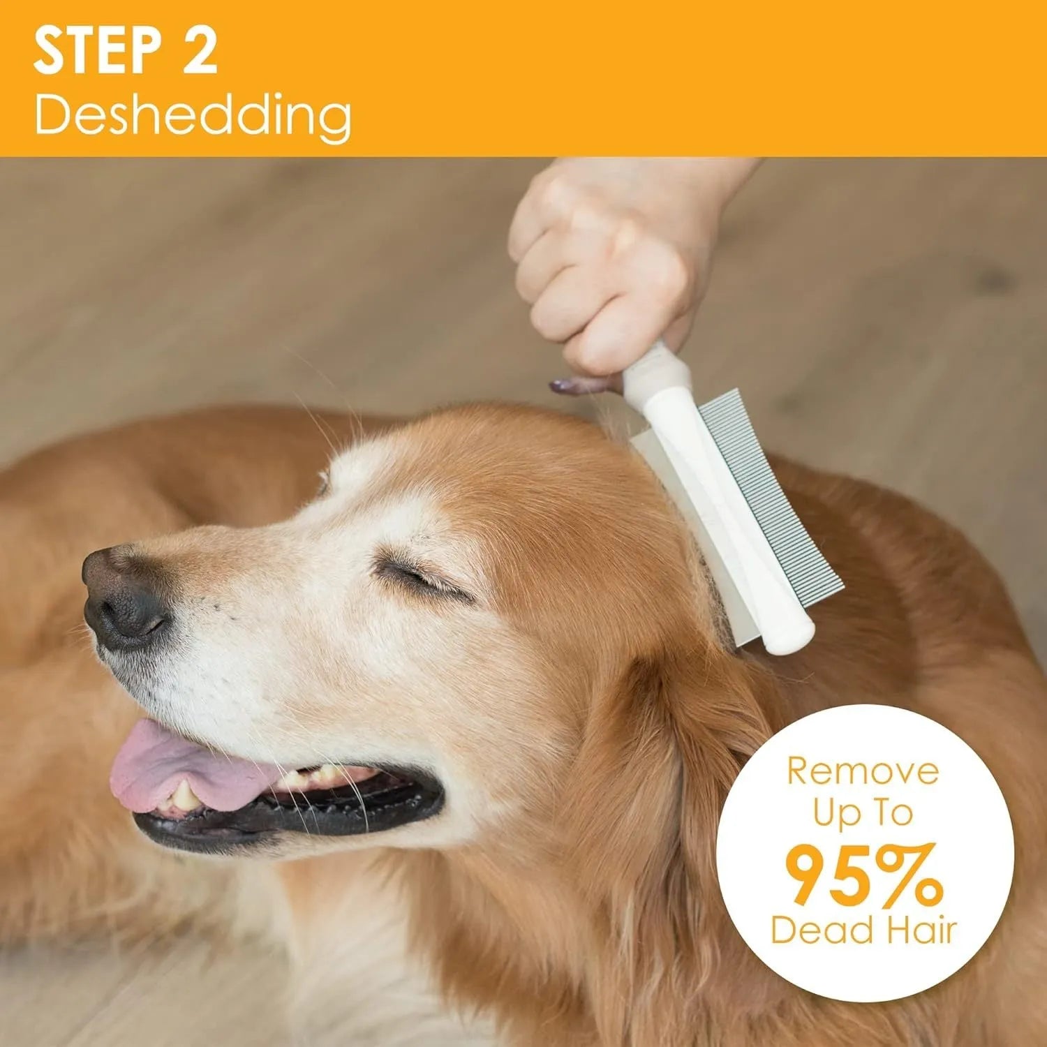 White double-sided dog and cat grooming brush with a curved comb and deshedding bristles on an ergonomic handle.