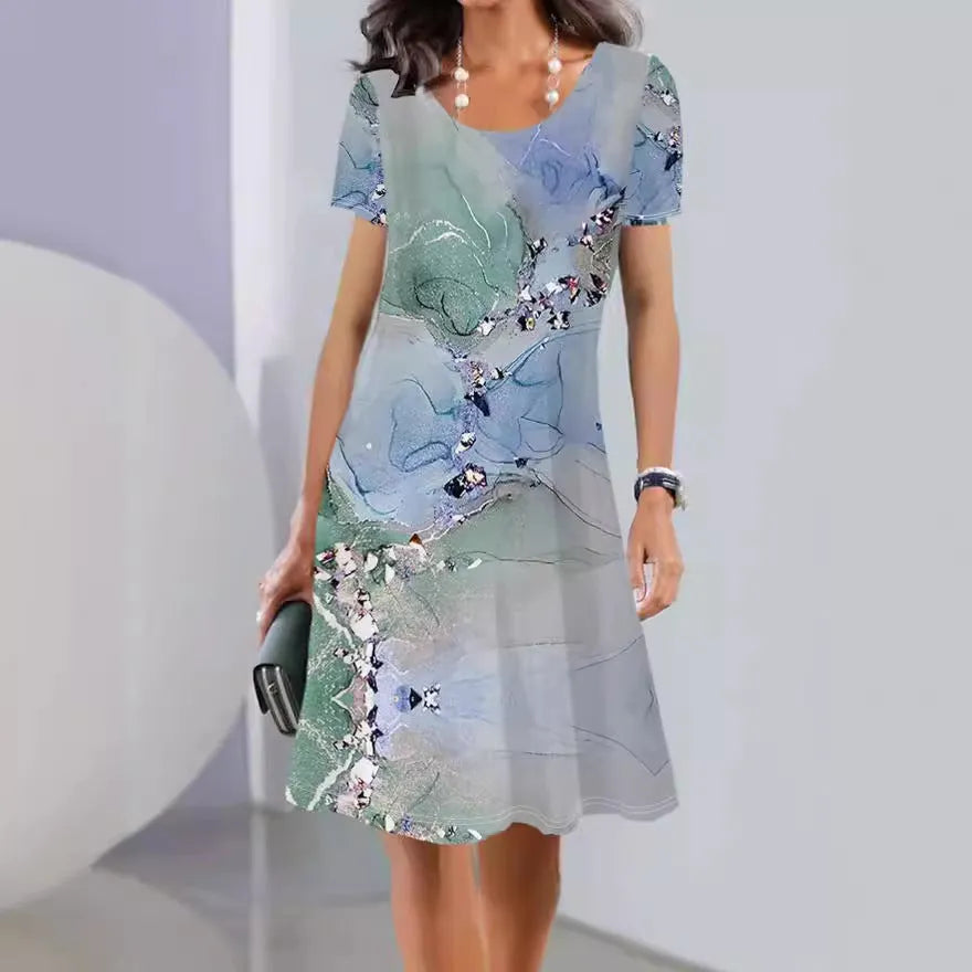 Women's floral printed Ice Silk A-line dress with short sleeves and round neck.
