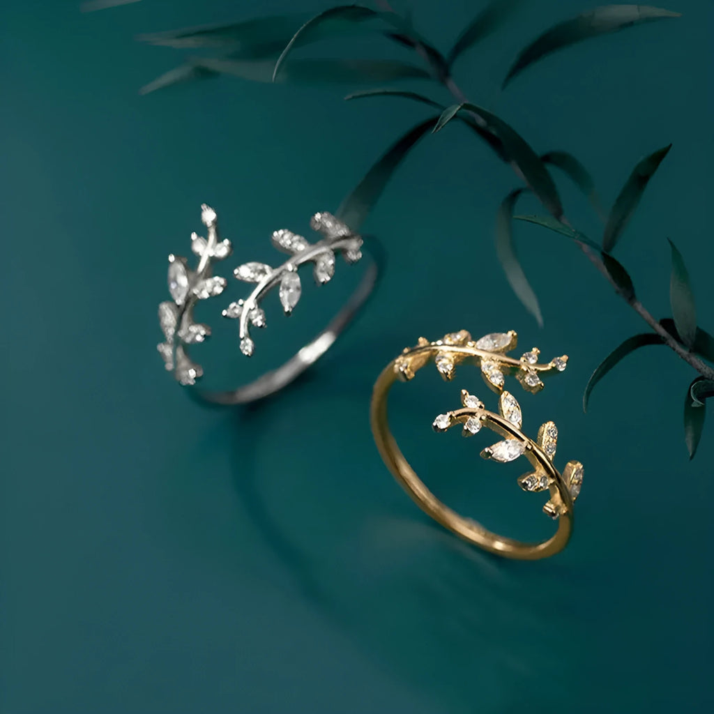 Leaf branch ring for women with copper base and electroplated gold or silver finish