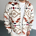 Men's retro ethnic print brushed cotton casual shirt jacket white colour block long sleeve lapel collar