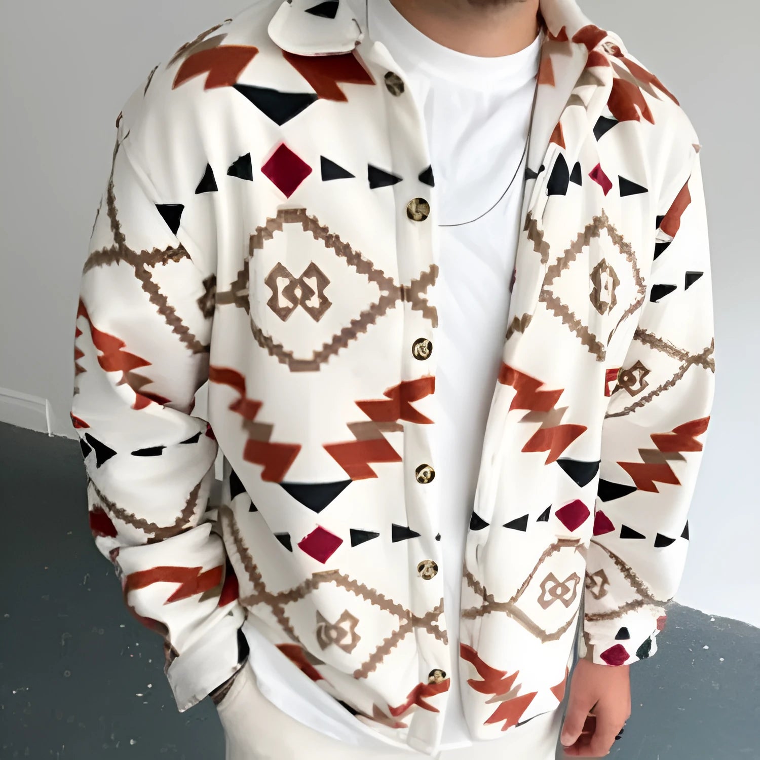 Men's retro ethnic print brushed cotton casual shirt jacket white colour block long sleeve lapel collar