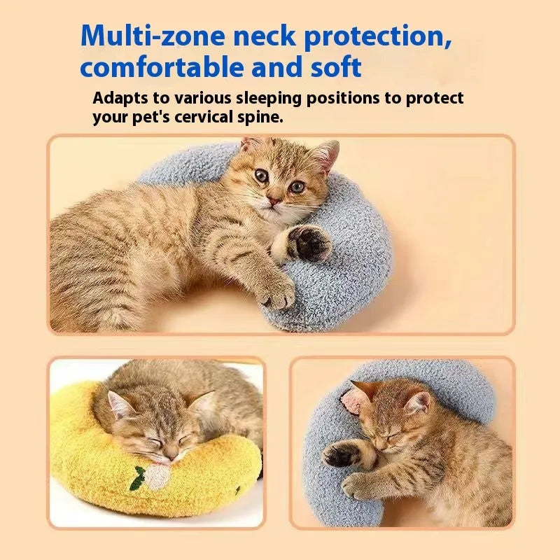 Blue U-shaped question mark cat pillow on a carpet, showing its contoured neck support design.