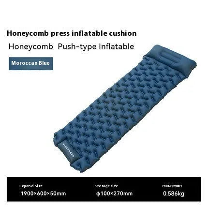 Single honeycomb press inflatable mattress in Moroccan blue colour for outdoor camping use