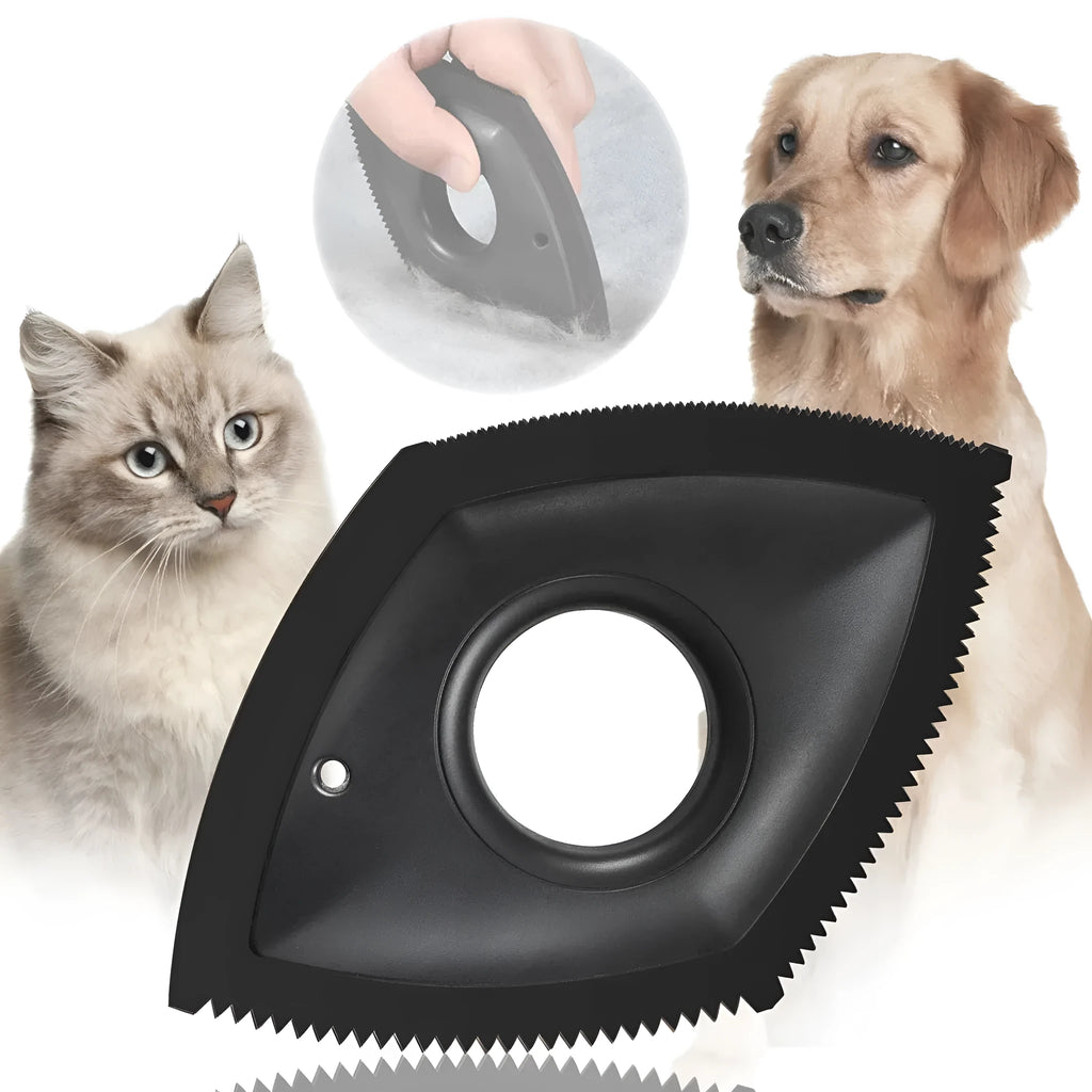 Handheld silicone pet hair removal brush in red on a carpet
