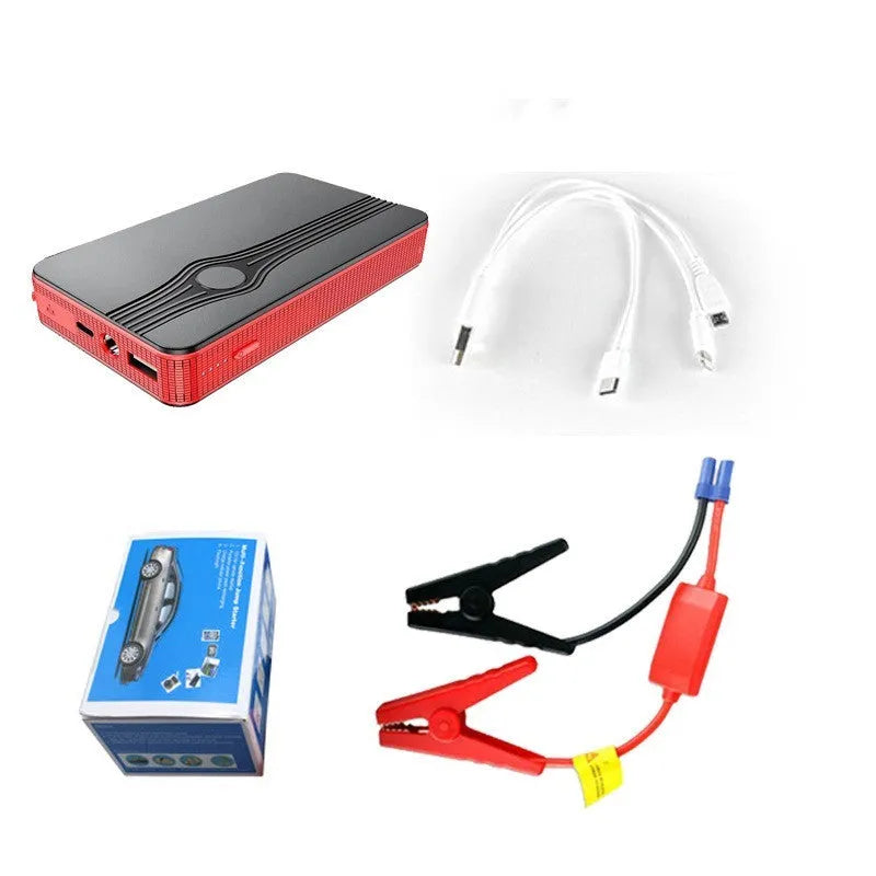Red K4-E automotive emergency jump starter and power bank unit with charging cable.