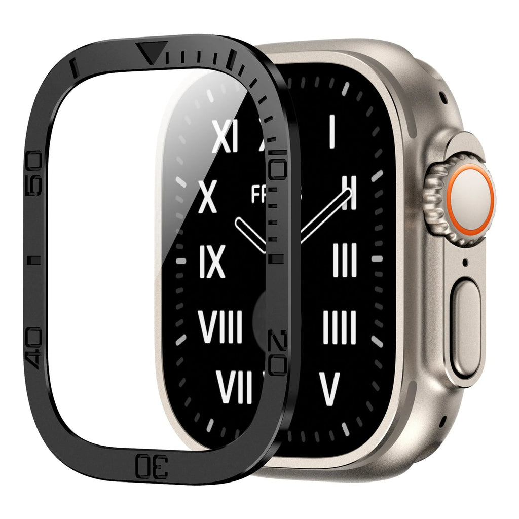 Metal protective frame for 49mm watch in black, orange, and original colour