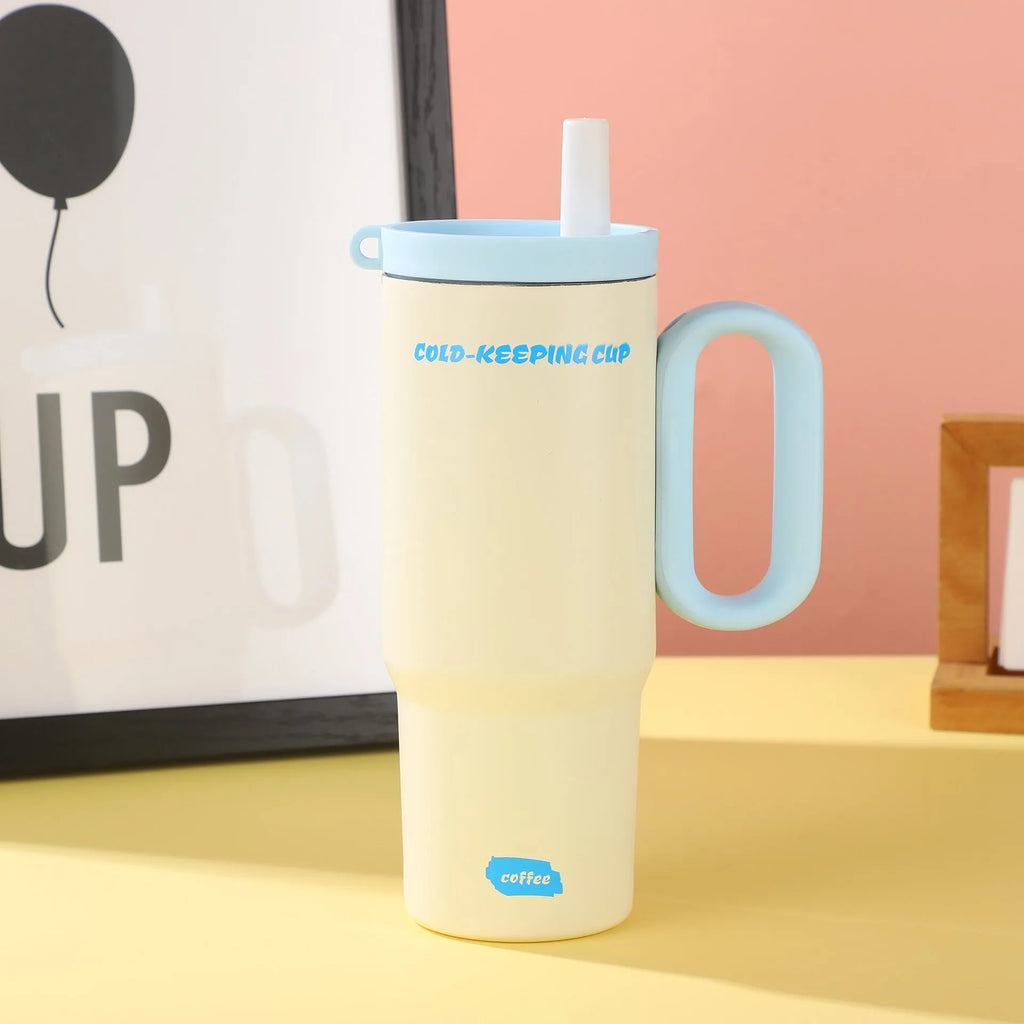 Large portable ice bucket cup with handle and straw in five colour options: black, pink, sky blue, white, and yellow.