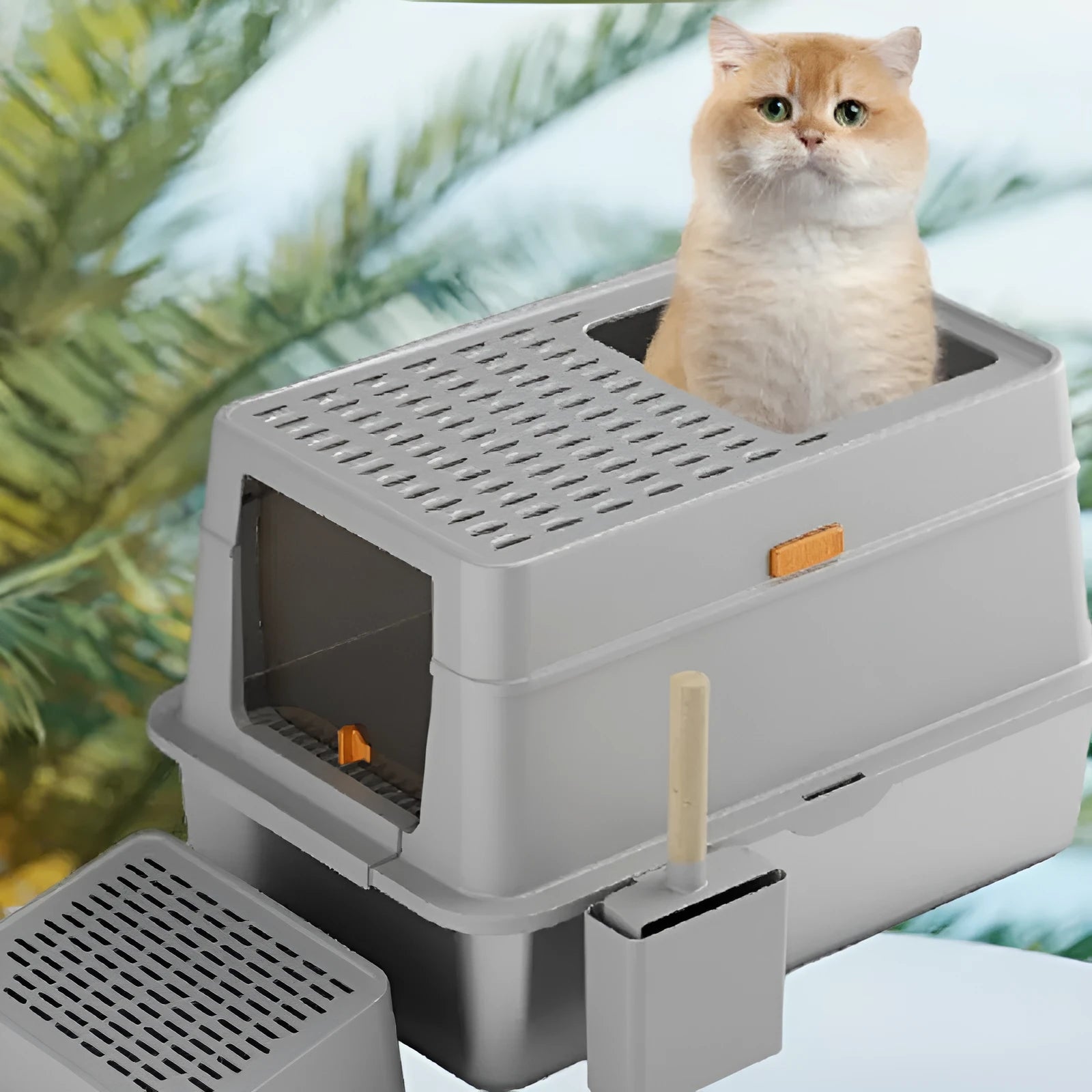 Grey enclosed cat litter box with pedal-operated entrance and dustbin-style ABS plastic construction.