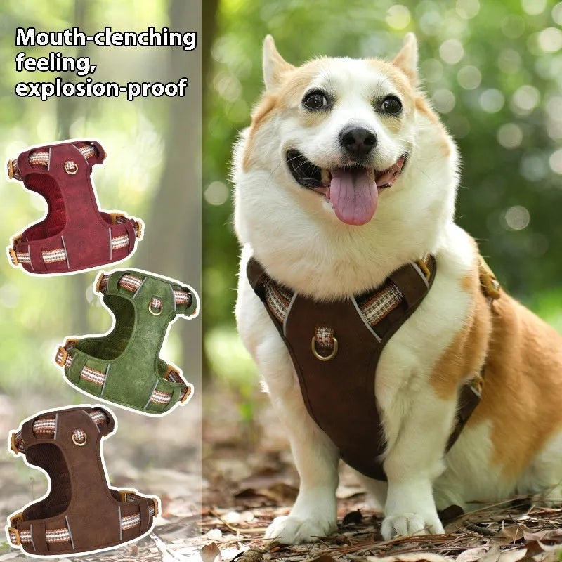 Brown leather explosion-proof reflective pet harness for dogs with chest strap design