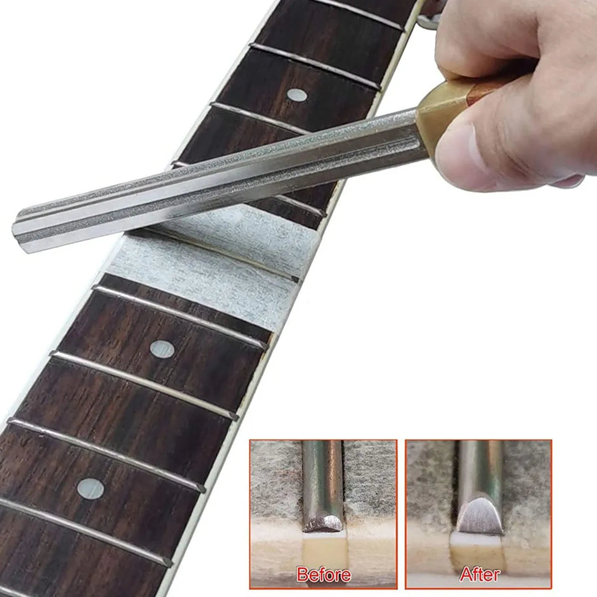 Square guitar fret edge file with 1mm 2mm 3mm 4mm slot gauges, carbon steel diamond grit body and wooden handle