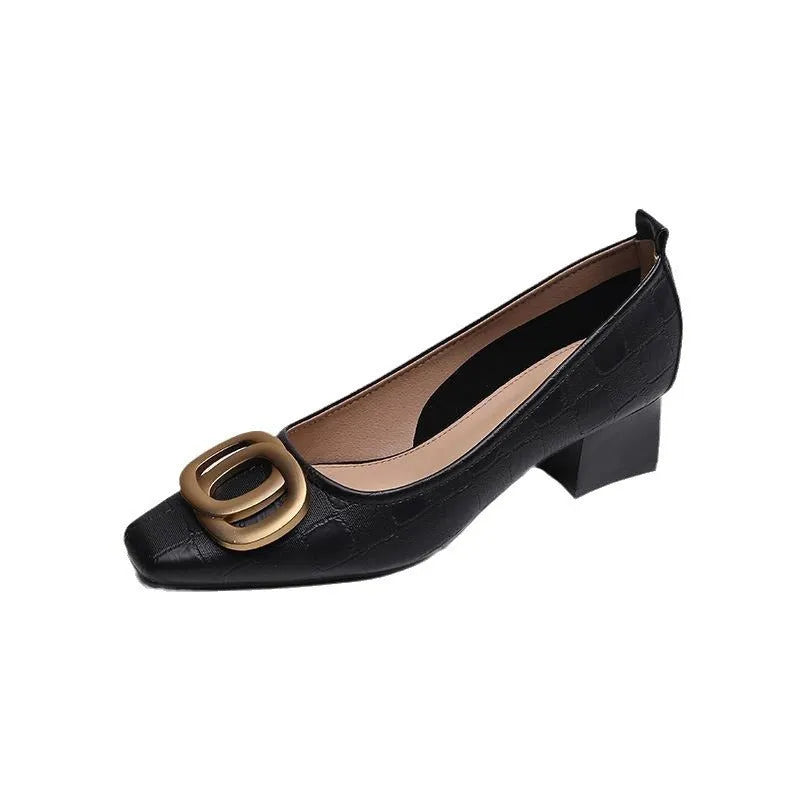 Women's square toe chunky heel work pumps in black microfiber with rubber sole