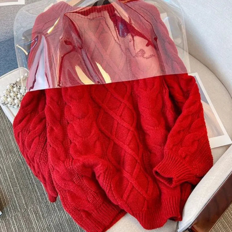 Japanese loose casual women's knitted sweater in red or beige, sizes S to XXL