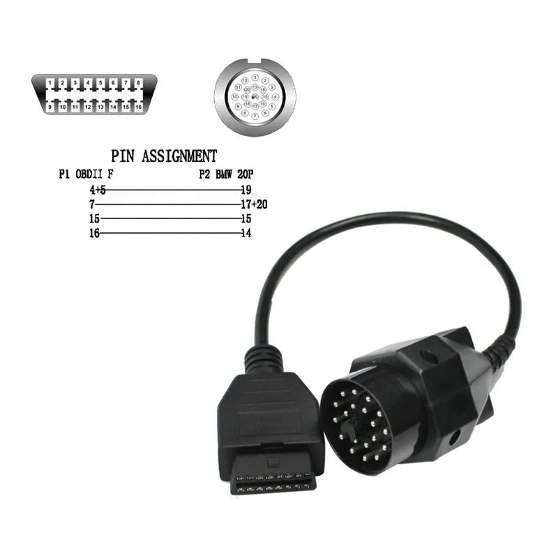 OBD2 adapter cable with a black BMW 20-pin plug and a standard 16-pin female OBD2 socket on the ends.