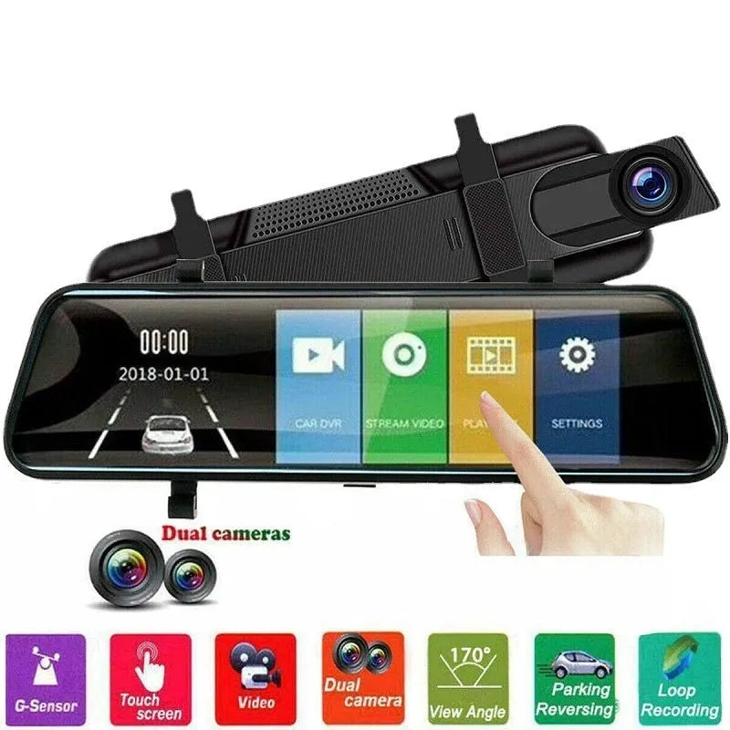 HD 1080p dual lens rearview mirror recorder with 9.66 inch touch screen mounted in car showing front video