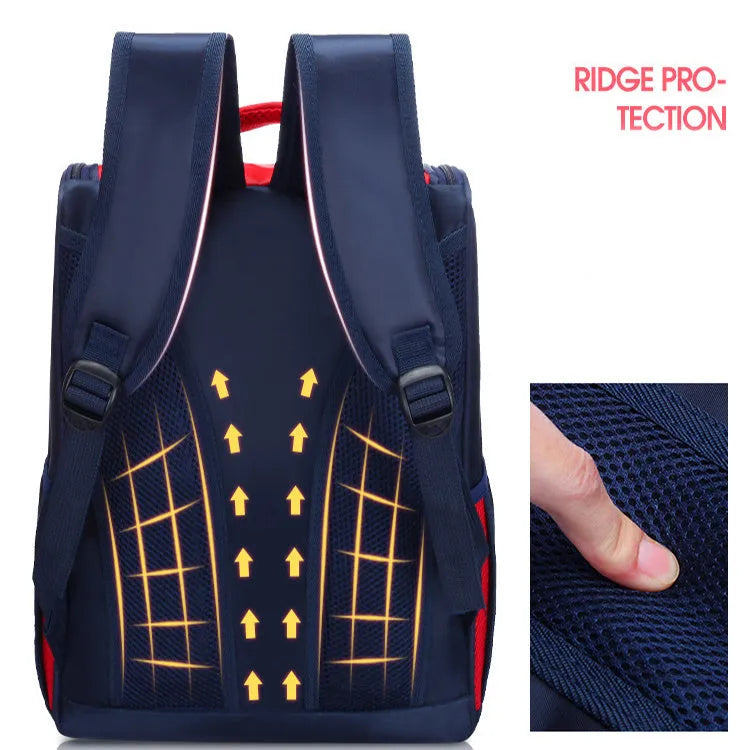 Primary school students backpack for 6-12 year olds, nylon, with multiple pockets, in navy blue, showing front view