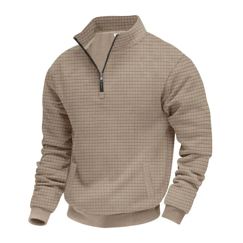 Men's stand-up collar long sleeve jacquard small check sweatshirt in light gray side view
