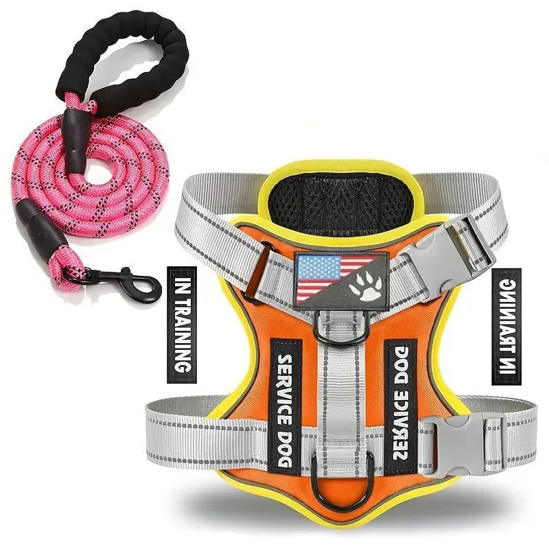 Red nylon dog chest strap with attached leash, featuring hand grip and adjustable buckles