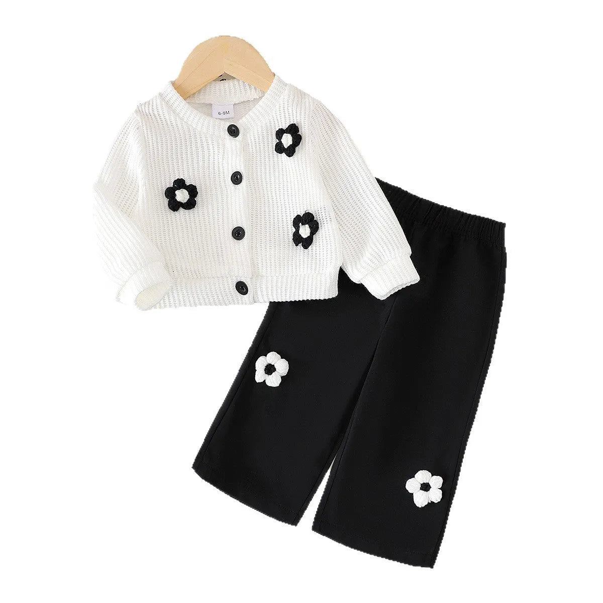 White cotton flower print long sleeve top and black trousers baby outfit set