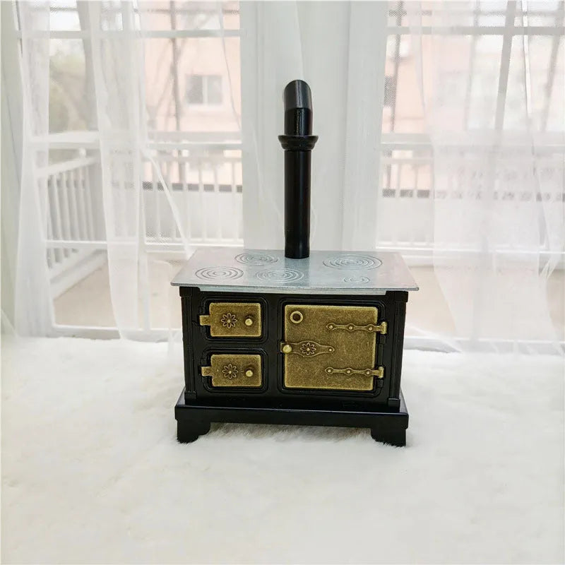 Brown miniature wrought iron stove model for dollhouse kitchen scene accessory
