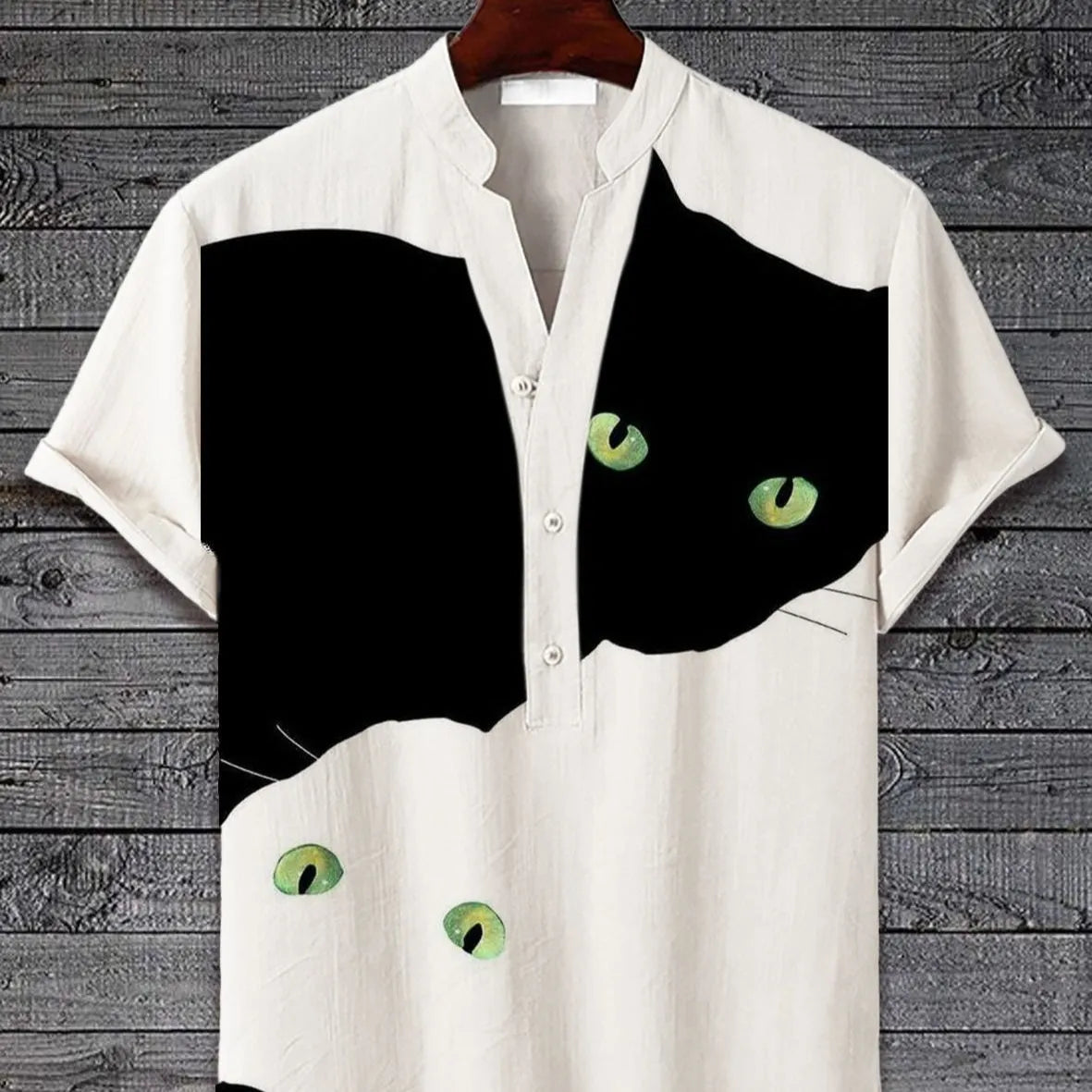 3D digital animal pattern short sleeve casual shirt on a hanger, showing one of thirteen colour variants.
