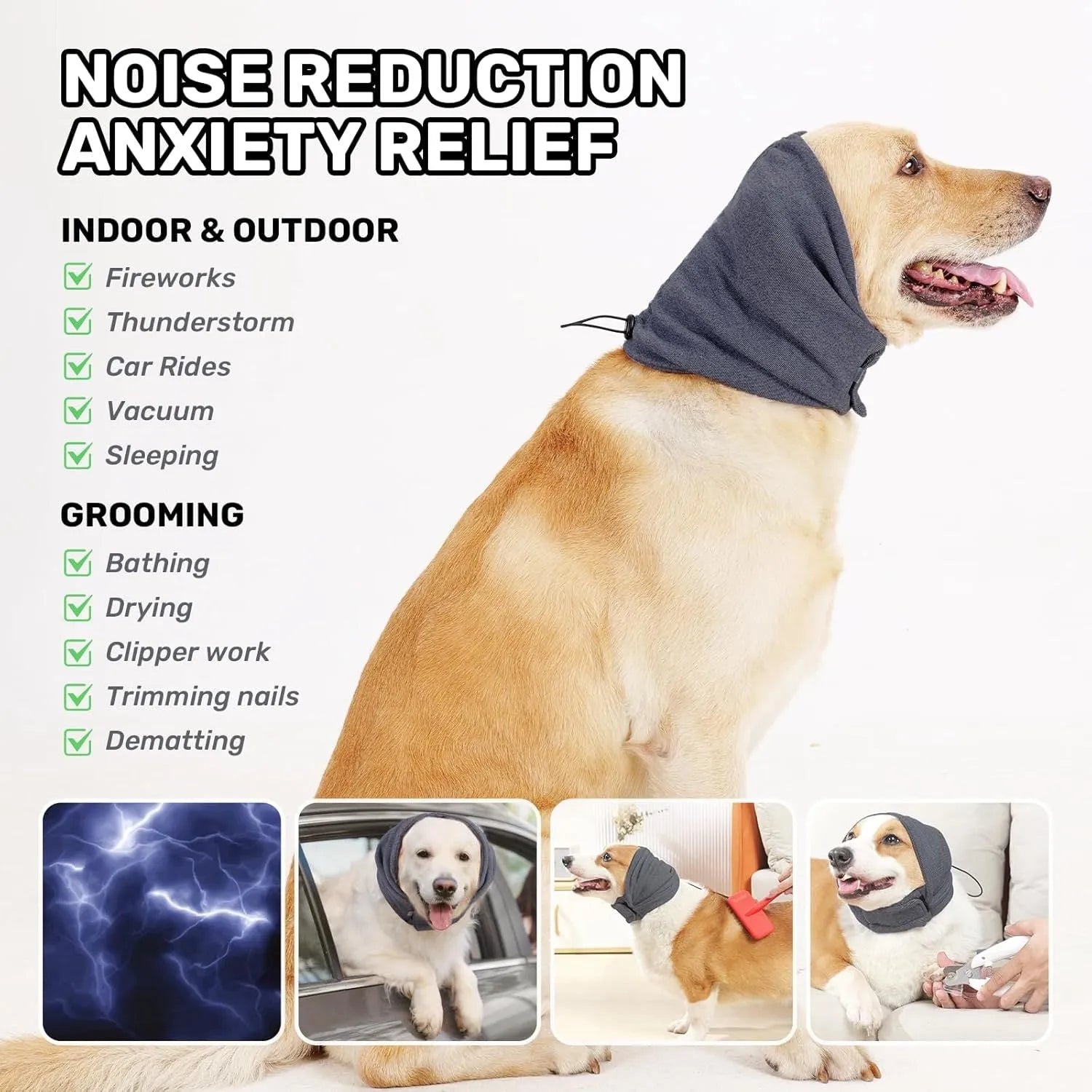 Gray dog calming hoodie ear wrap with adjustable fit for noise protection and anxiety relief