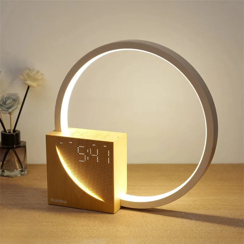 Wooden touch control bedside lamp with alarm clock display and natural sound options